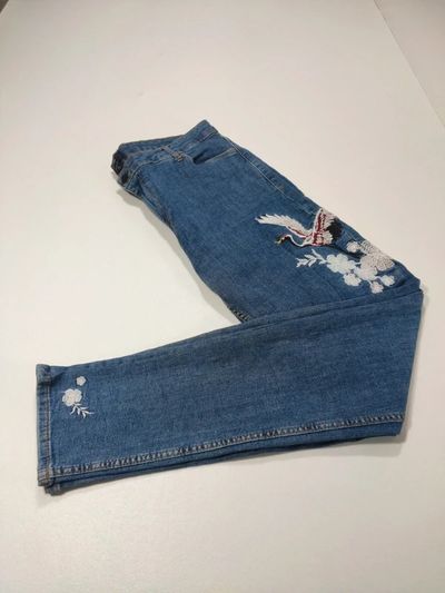 Kiabi Jeans Skinny Donna IT48 M Blu Denim Ricami Floreali Gru Stretch