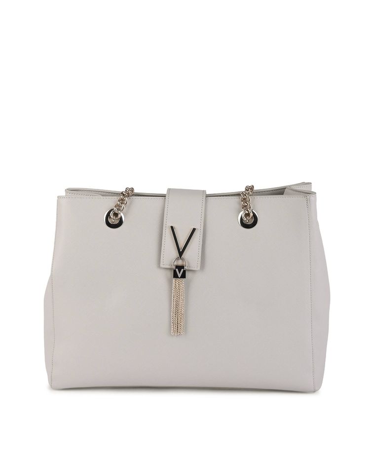 White Handbag With Chain Strap And Tassel Detail