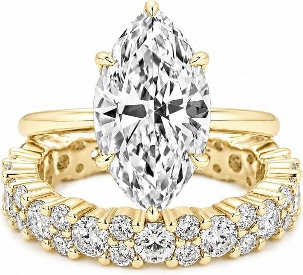 Gold Ring With Large Marquise Diamond And Diamond Band image 1