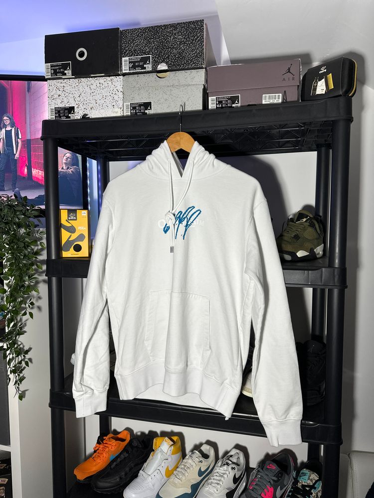 Off-White White Hoodie With Blue Graphic - Size Small (Oversized)