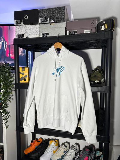 Off-White White Hoodie With Blue Graphic - Size Small (Oversized)