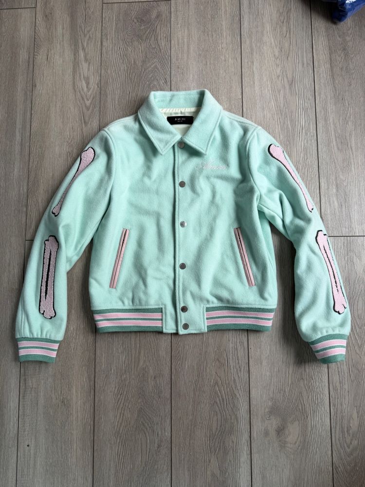 Kids Amiri Light Blue Varsity Jacket With Pink And White Bone Designs