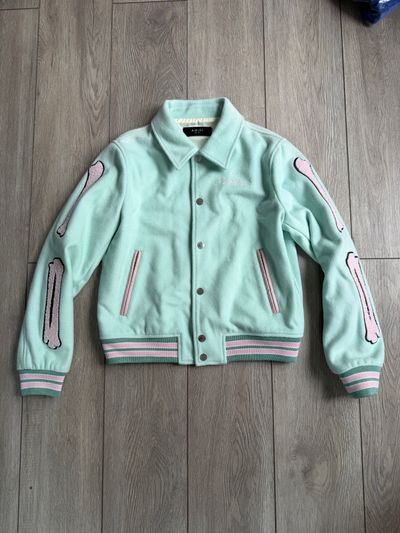 Kids Amiri Light Blue Varsity Jacket With Pink And White Bone Designs