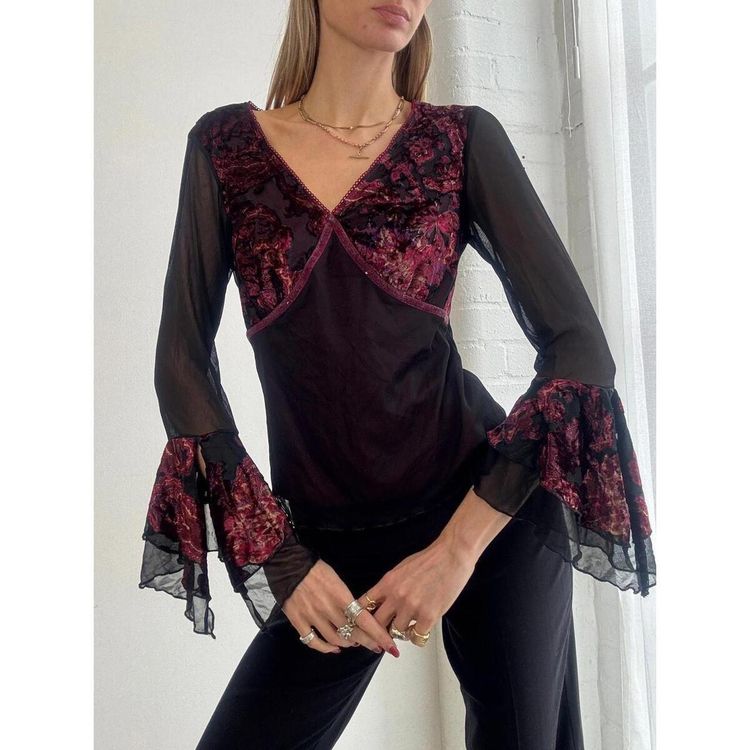 Black And Burgundy Velvet And Mesh Blouse