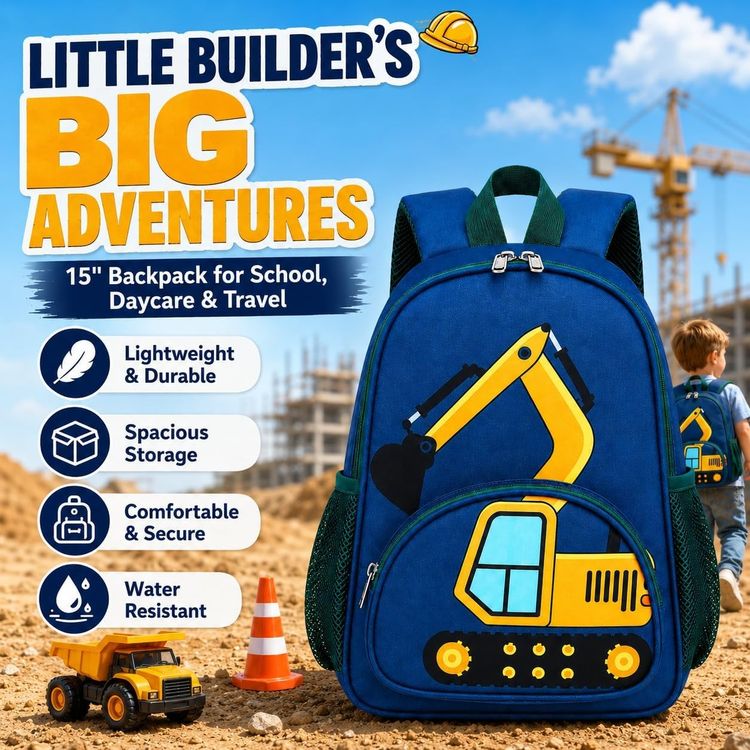 Blue Backpack With Yellow Excavator Design image 1