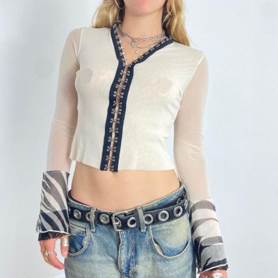 Cream Long Sleeve Mesh Top With Zebra Print Bell Sleeves