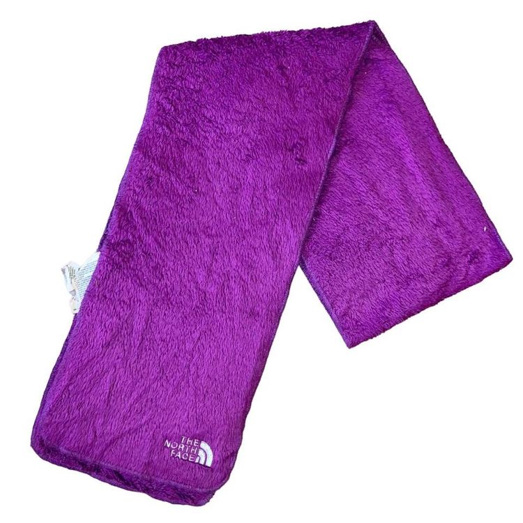 The north face purple furry soft scarf with embroidered spellout logo on front 1