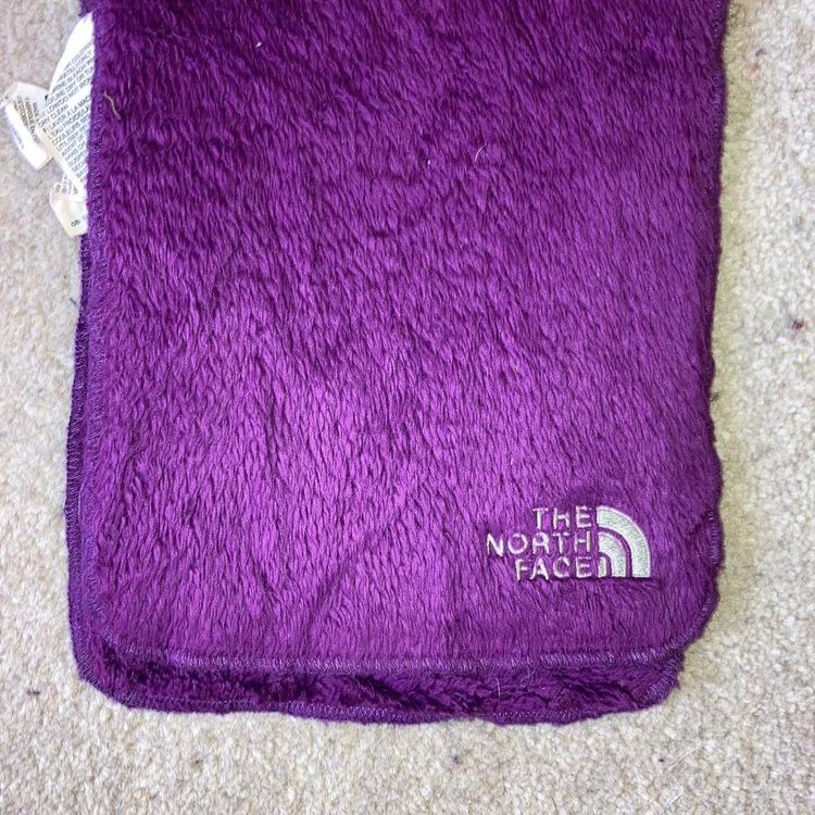 The north face purple furry soft scarf with embroidered spellout logo on front 2