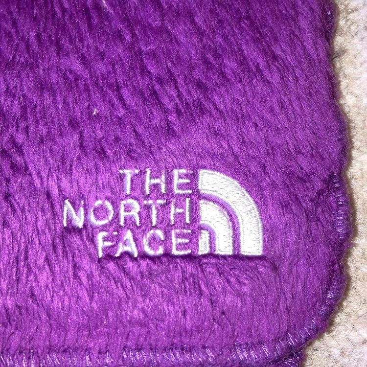 The north face purple furry soft scarf with embroidered spellout logo on front 3
