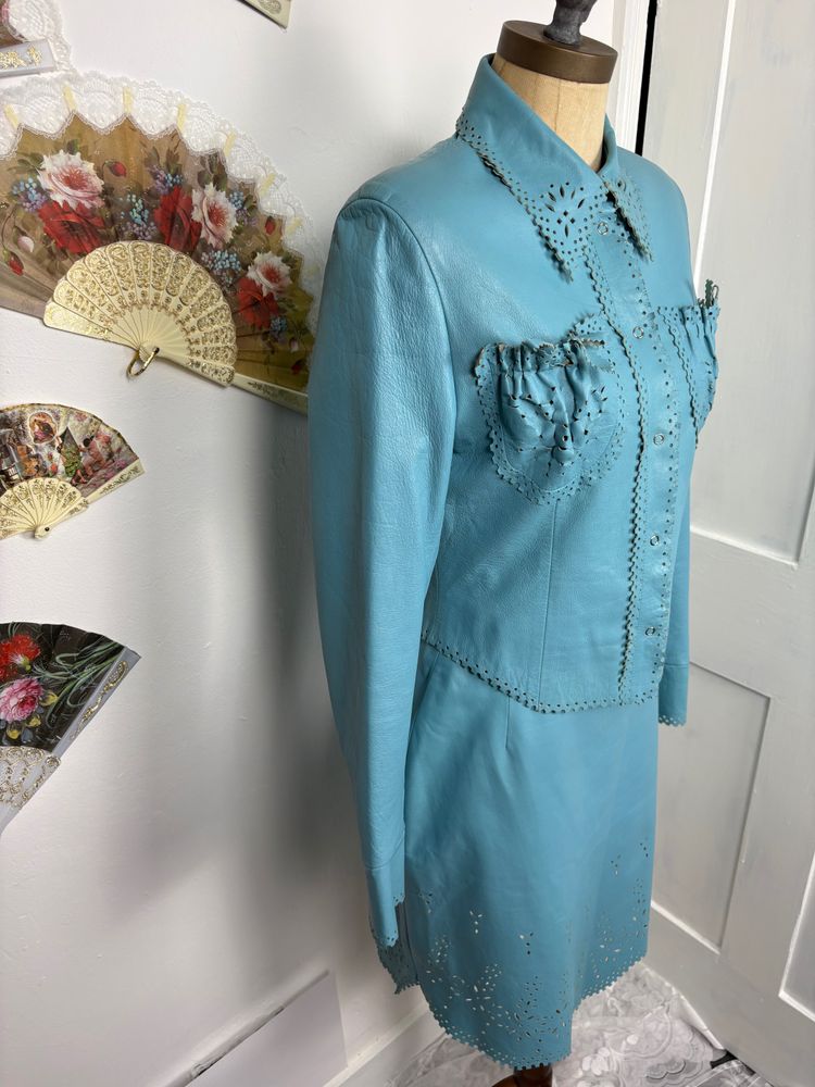 Y2K Handmade Leather skirt and Button up top two piece with hand cut details  image 8