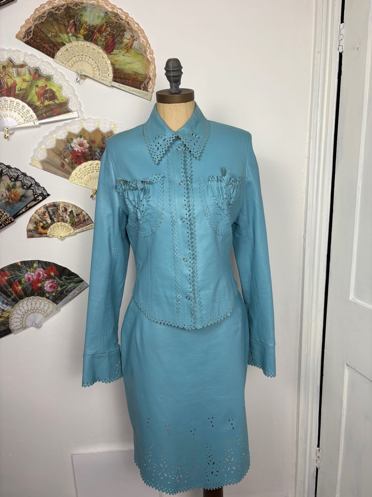 Y2K Handmade Leather skirt and Button up top two piece with hand cut details 