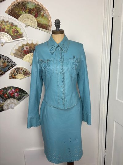 Y2K Handmade Leather skirt and Button up top two piece with hand cut details