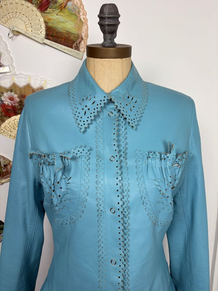 Y2K Handmade Leather skirt and Button up top two piece with hand cut details  image 6