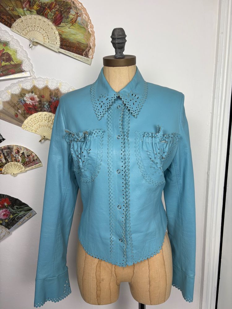 Y2K Handmade Leather skirt and Button up top two piece with hand cut details  image 5