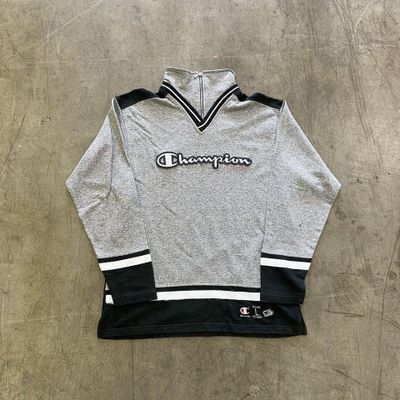 Champion Sweatshirt Half Zip Spellout Sports Jumper, Grey, Mens Large 1