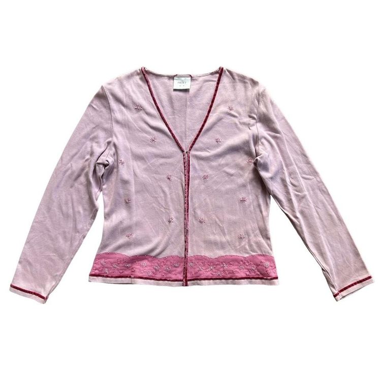 Early 2000s pink long sleeved cardigan top with hook and eye fastenings, velvet ribbon trim and embr image 1
