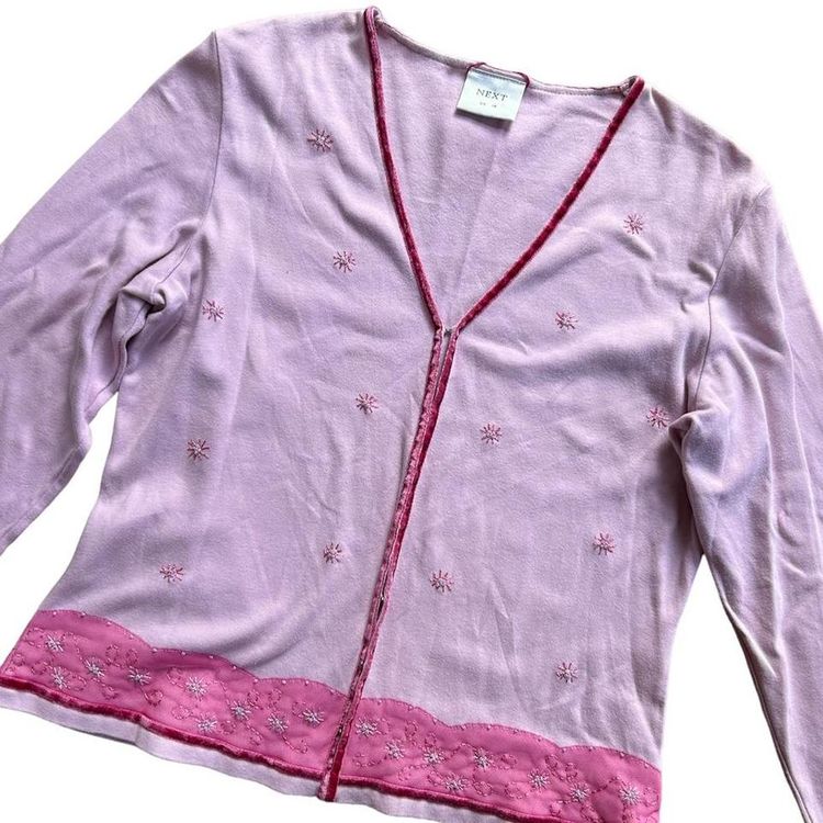 Early 2000s pink long sleeved cardigan top with hook and eye fastenings, velvet ribbon trim and embr image 4