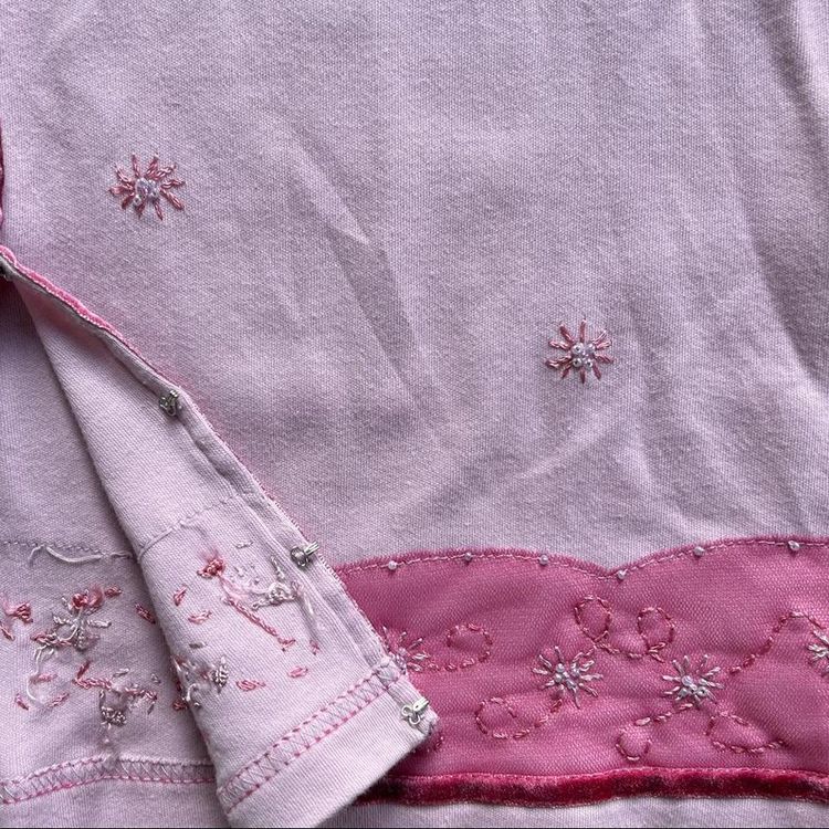 Early 2000s pink long sleeved cardigan top with hook and eye fastenings, velvet ribbon trim and embr image 6