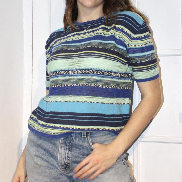 Next Blue and green short sleeve stripy knitted T-shirt product image