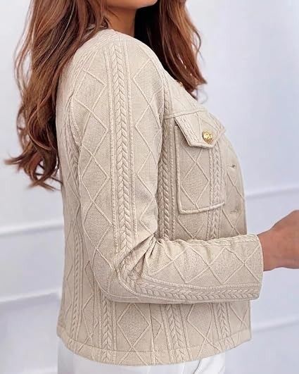 Beige Textured Knit Jacket With Gold Buttons imagen 4