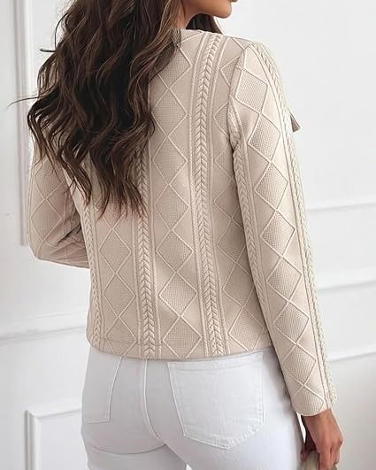 Beige Textured Knit Jacket With Gold Buttons imagen 3