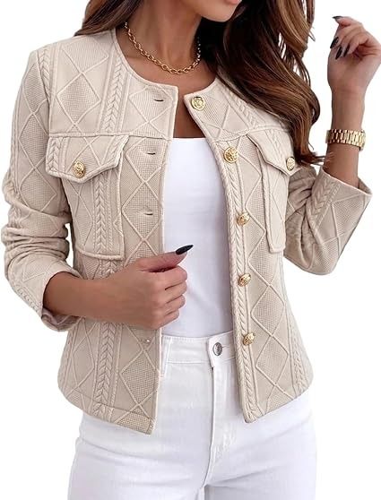 Beige Textured Knit Jacket With Gold Buttons