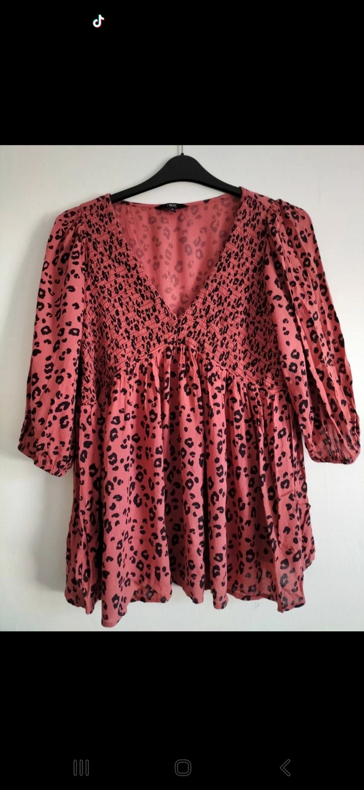 Next Next Dusky Coral & Black Patterned  V  Neck 3/4 Sleeve Chiffon Top - Size 14  product image