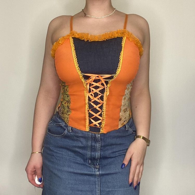 90s 00s patchwork cami top with lace up front and denim/mesh panels  2