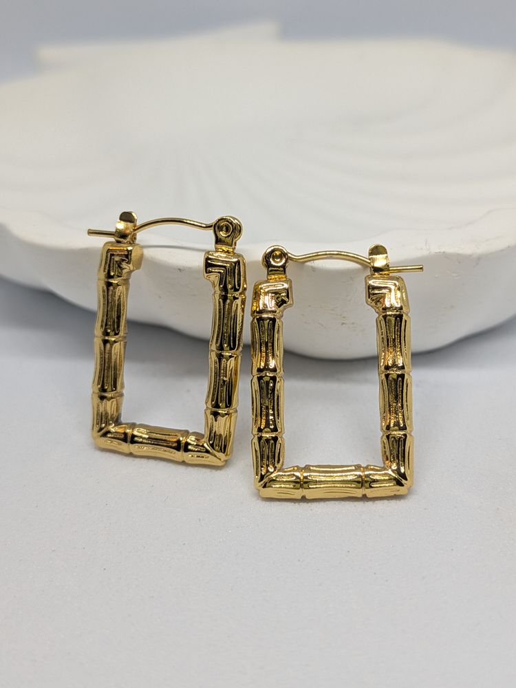 Gold Rectangular Bamboo-Style Hoop Earrings