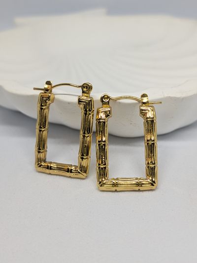 Gold Rectangular Bamboo-Style Hoop Earrings