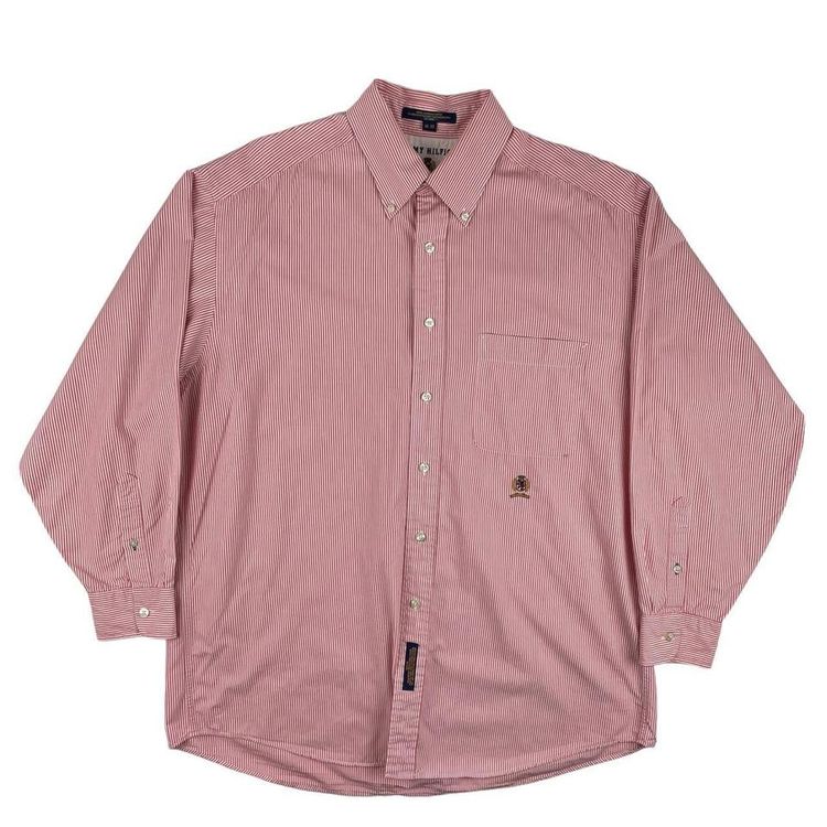 Vintage Tommy Hilfiger Pinstripe Shirt Long Sleeve Red and White XL image 1