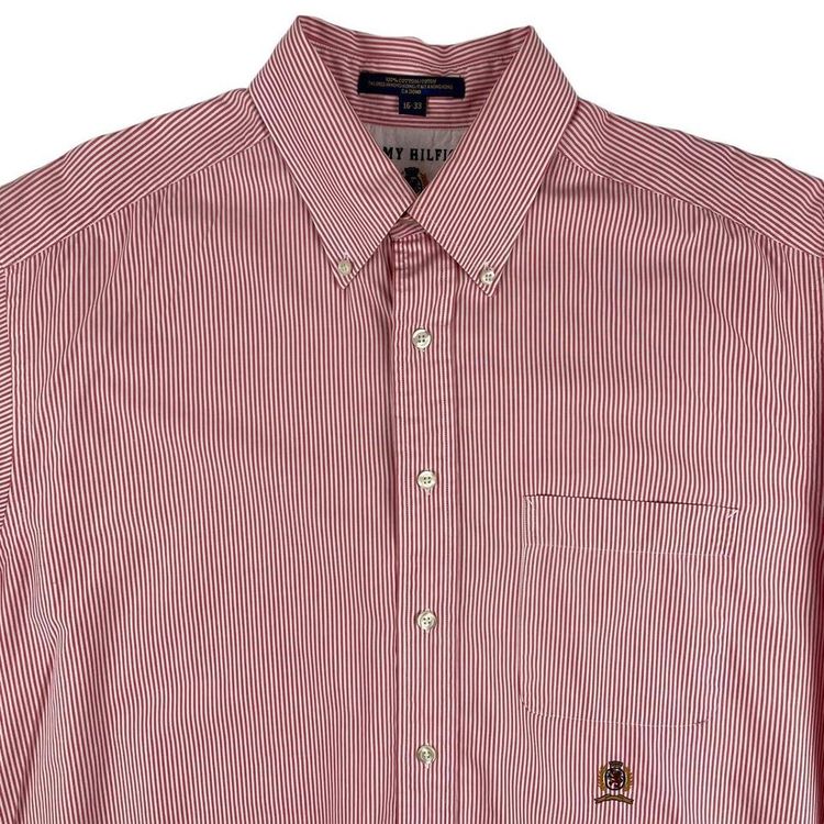 Vintage Tommy Hilfiger Pinstripe Shirt Long Sleeve Red and White XL image 2
