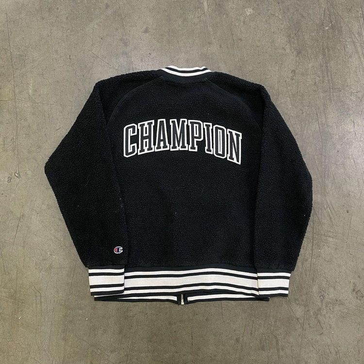 Champion Fleece Y2K Full Zip Sherpa Bomber Jacket, Black, Womens Medium