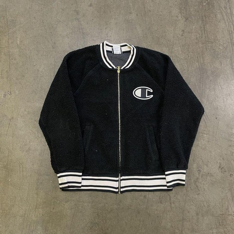 Champion Fleece Y2K Full Zip Sherpa Bomber Jacket, Black, Womens Medium 2