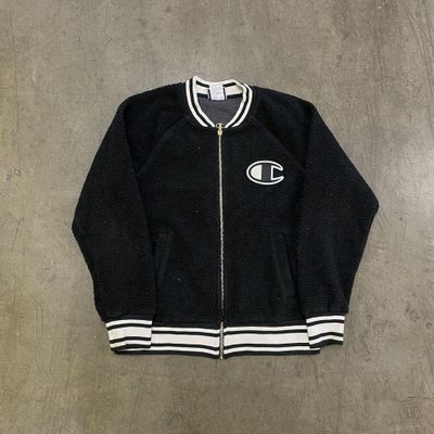 Champion Fleece Y2K Full Zip Sherpa Bomber Jacket, Black, Womens Medium 2