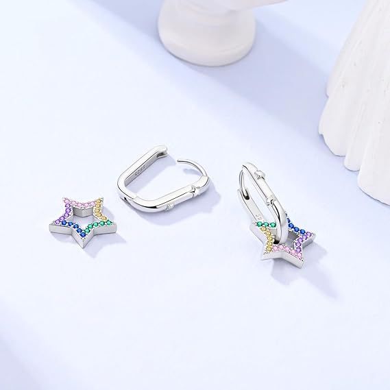 Silver Star-Shaped Hoop Earrings With Multicolor Stones image 3