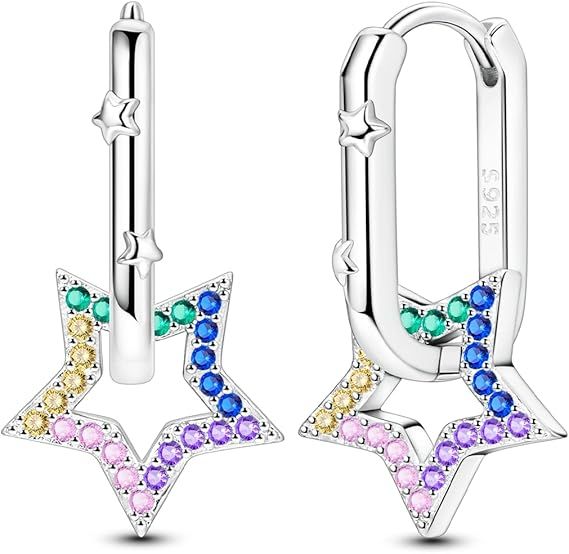 Silver Star-Shaped Hoop Earrings With Multicolor Stones image 1