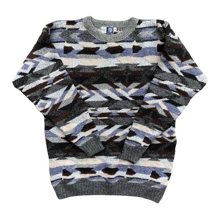 Vintage grey, blue and brown Aztec patterned knitted jumper image 1