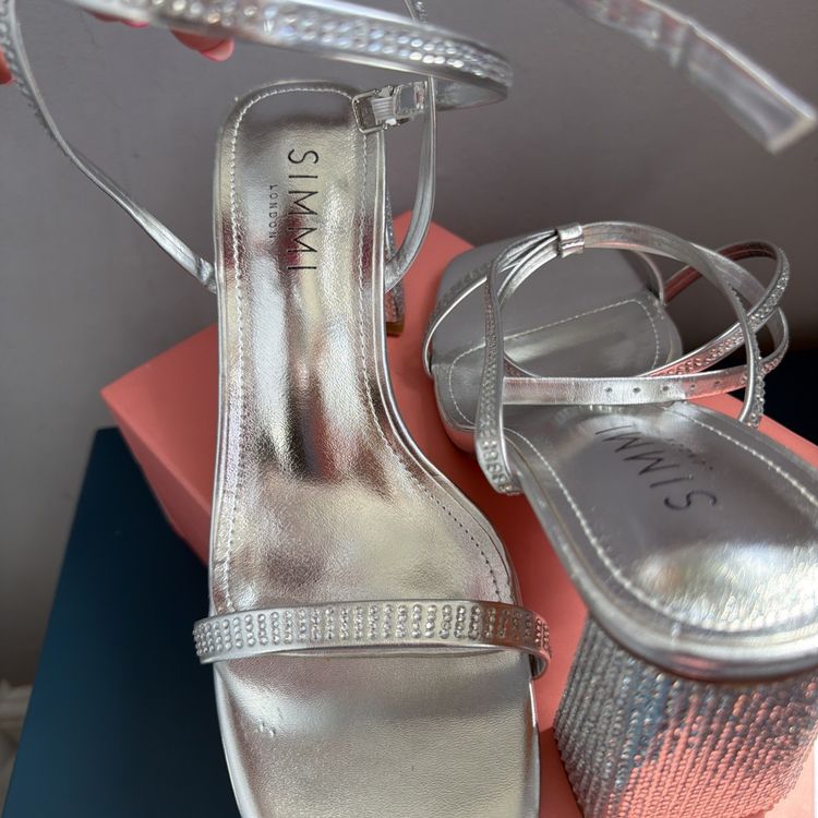 Simmi London Silver Diamante Block Heels Bolt Wide Fit Uk 6 Strappy Sandles BNIB image 4