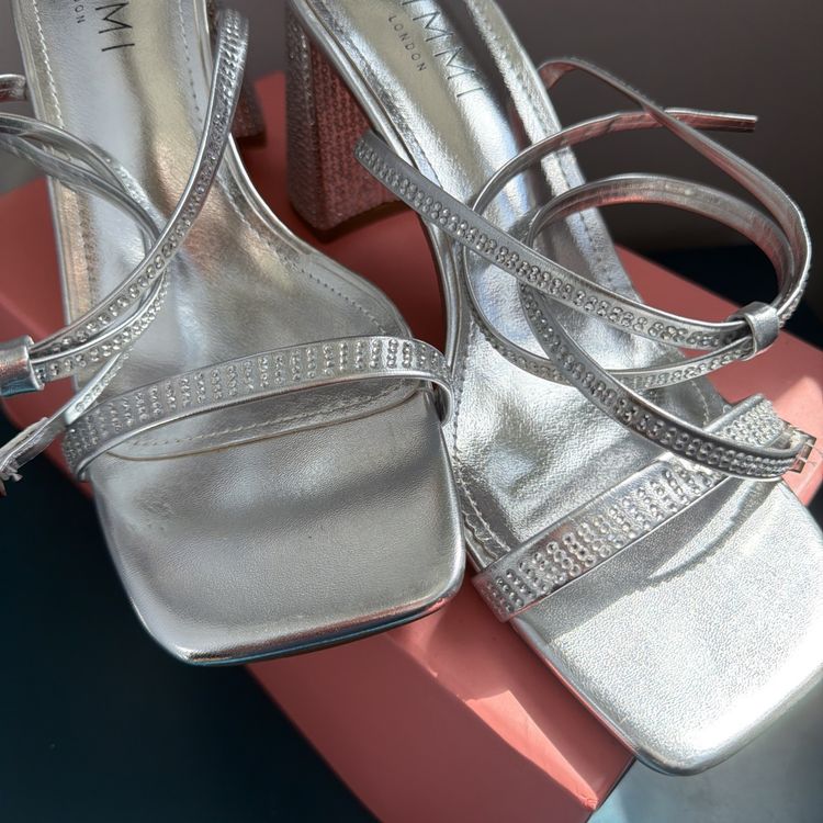 Simmi London Silver Diamante Block Heels Bolt Wide Fit Uk 6 Strappy Sandles BNIB obraz 1