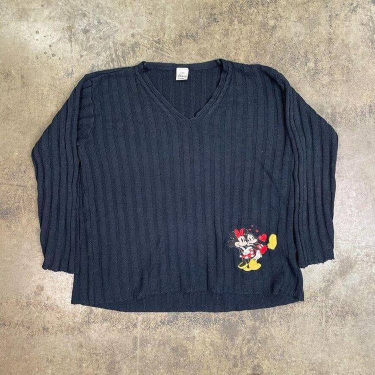 Disney Store Jumper V Neck Cable Knitted Knit USA Sweater, Black, Womens XL