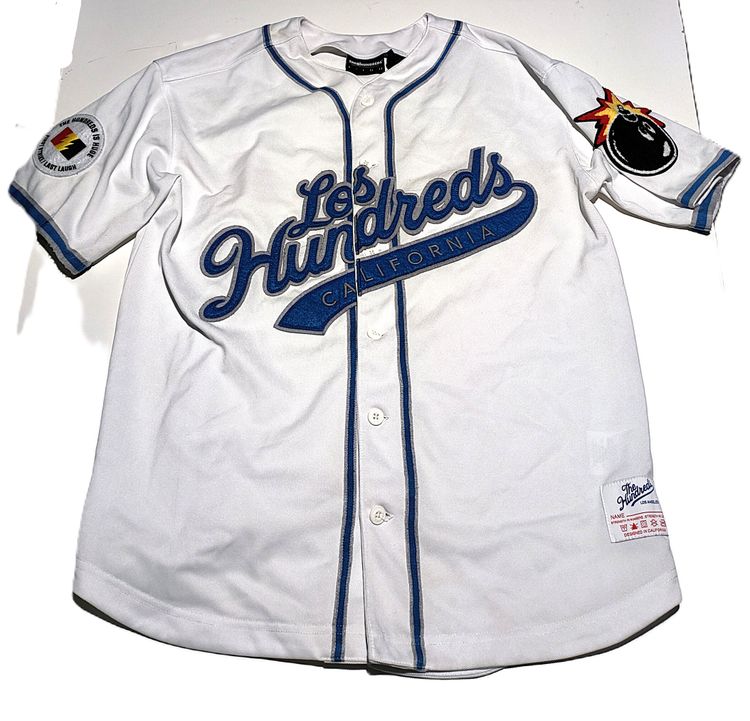 The Hundreds Baseball Jersey M White Blue Los Hundreds Embroidered Patch Shirt
