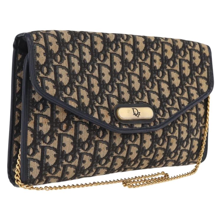 Christian Dior Trotter Canvas Chain Shoulder Bag Navy Gold Tone Auth 211003 - Jerrillo
