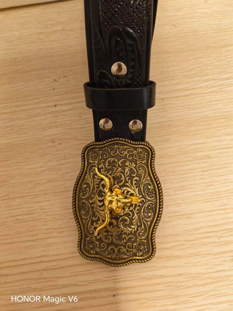 Black Leather Belt With Ornate Gold Buckle image 1