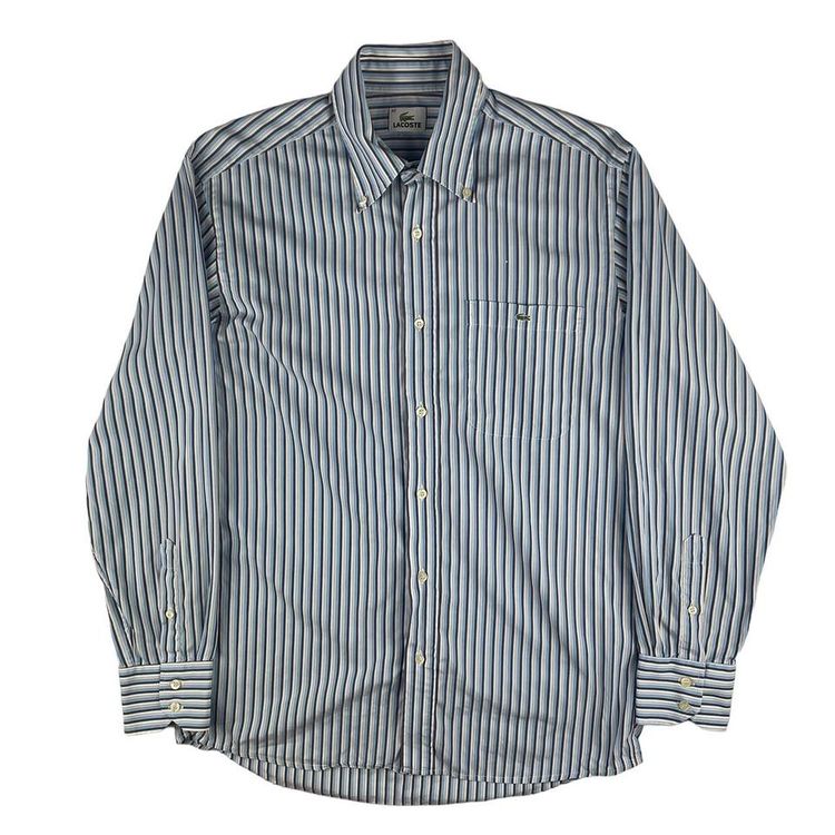 Vintage Lacoste Pinstripe Embroidered Long Sleeve Shirt Blue Medium