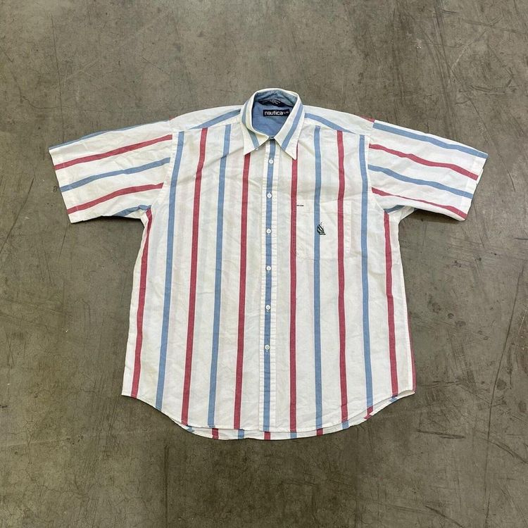 Nautica Shirt Striped 90s Vintage Button Up Shirt, White, Mens Large image 1
