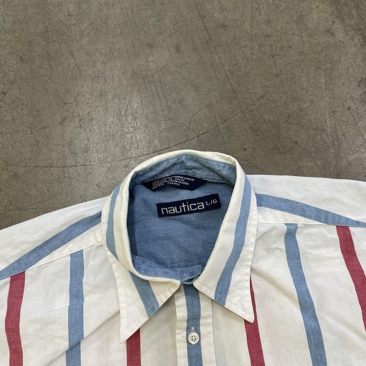 Nautica Shirt Striped 90s Vintage Button Up Shirt, White, Mens Large image 4