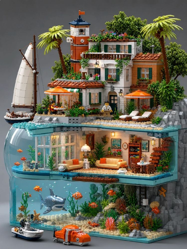 Set Modular Building Block Set With House, Underwater Scene, And Lighthouse product image