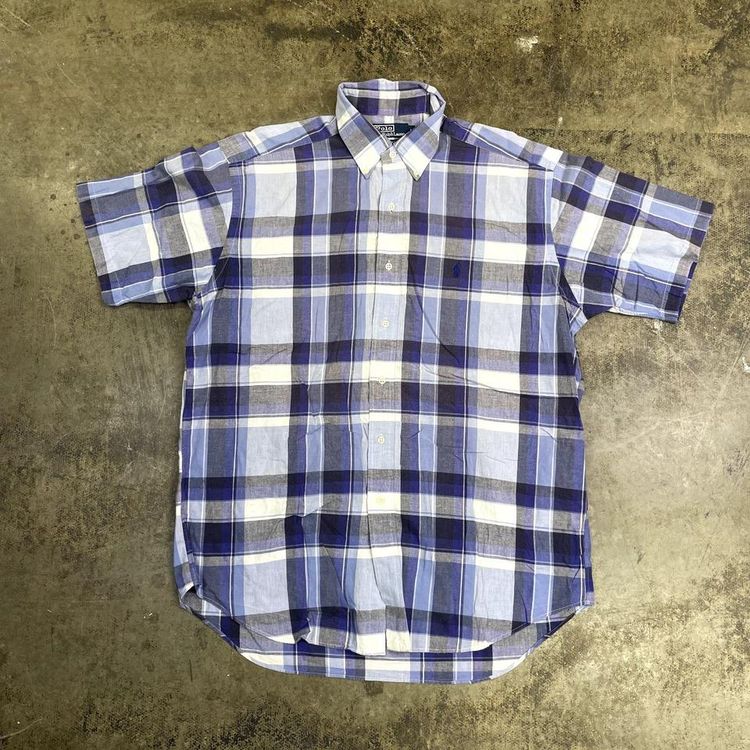 Polo Ralph Lauren Check Shirt 90s Short Sleeve Button Down, Purple, Mens Large image 1