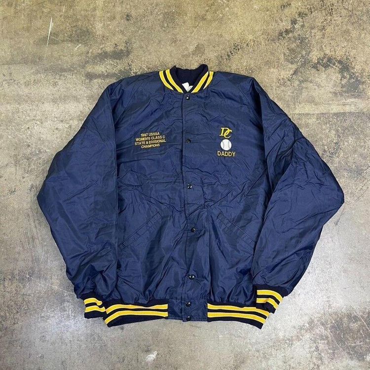 Vintage Bomber Jacket Satin USA Baseball 90s Sports Coat Navy Blue Mens XL